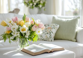 Table in front of the white sofa and green cushions, there is an open book and fresh flowers
