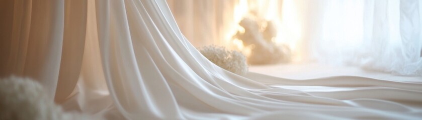 A sheer white curtain gracefully drapes over a window, softly filtering sunlight and creating a warm, inviting atmosphere in the room, enhancing the cozy decor.