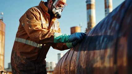 Worker in protective gear examines equipment at a refinery, ensuring safety and maintenance. Industrial backdrop with storage tanks and chimneys highlights the setting's scientific focus