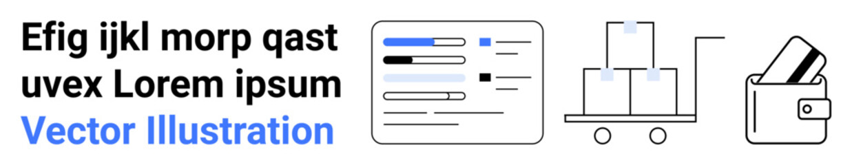 Text placeholder with dummy text, stylized document with graphical charts, cart loaded with boxes, wallet with credit cards. Ideal for website design, e-commerce, logistics, finance, technology