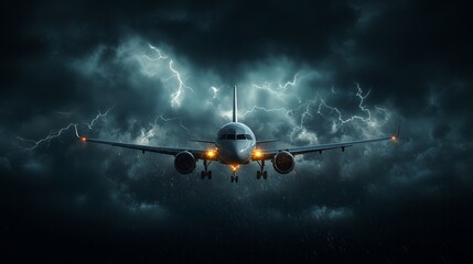 Airplane Navigating Storm: A commercial airplane confidently navigates through a turbulent storm, illuminated by striking lightning flashes.