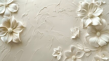 White flowers in a bas-relief style stand out against a textured, off-white background, creating a subtle, elegant design