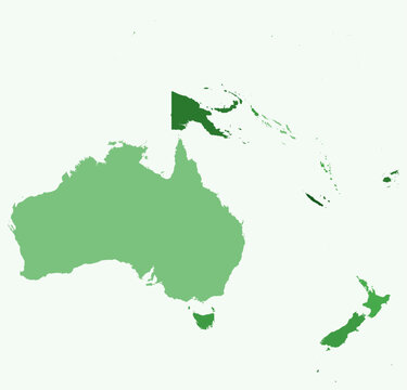 Map of Oceania with countries. Just a simple continent border map with country division. Green color palette. Flat Oceania shape with administrative division. Vector illustration.