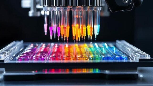A closeup look at a robotic liquid handler equipped with finetipped syringes displaying a colorful array of dye solutions being dispensed into microplate wells emphasizing accuracy