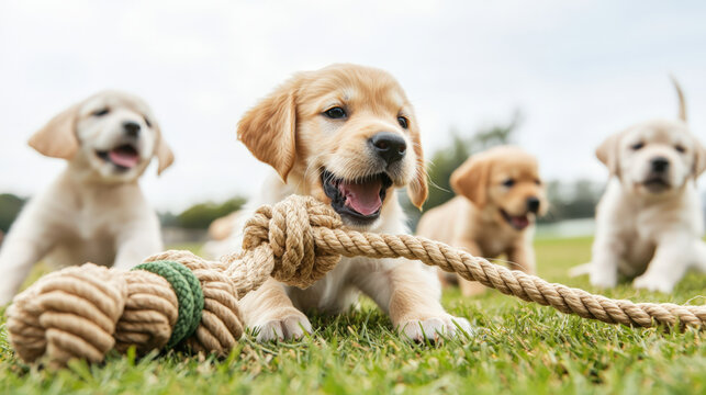 Eco-Friendly Pet Care for a Sustainable Lifestyle, Playful puppies tugging on rope toy outdoors