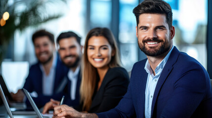 Fototapeta premium Aussie entrepreneurs businessman. Professional team working together, smiling at a modern office setting.