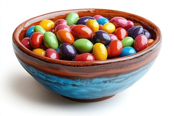 A colorful bowl filled with assorted candy coated chocolates.