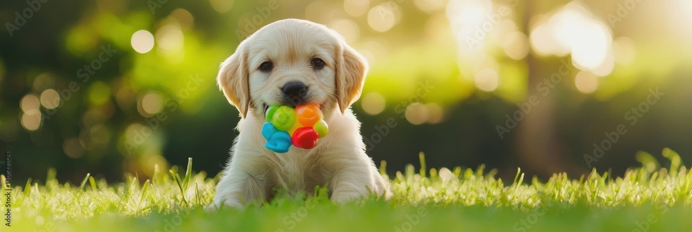 Poster Playful puppy enjoys a colorful chew toy while lounging on lush green grass in soft natural light Generative AI