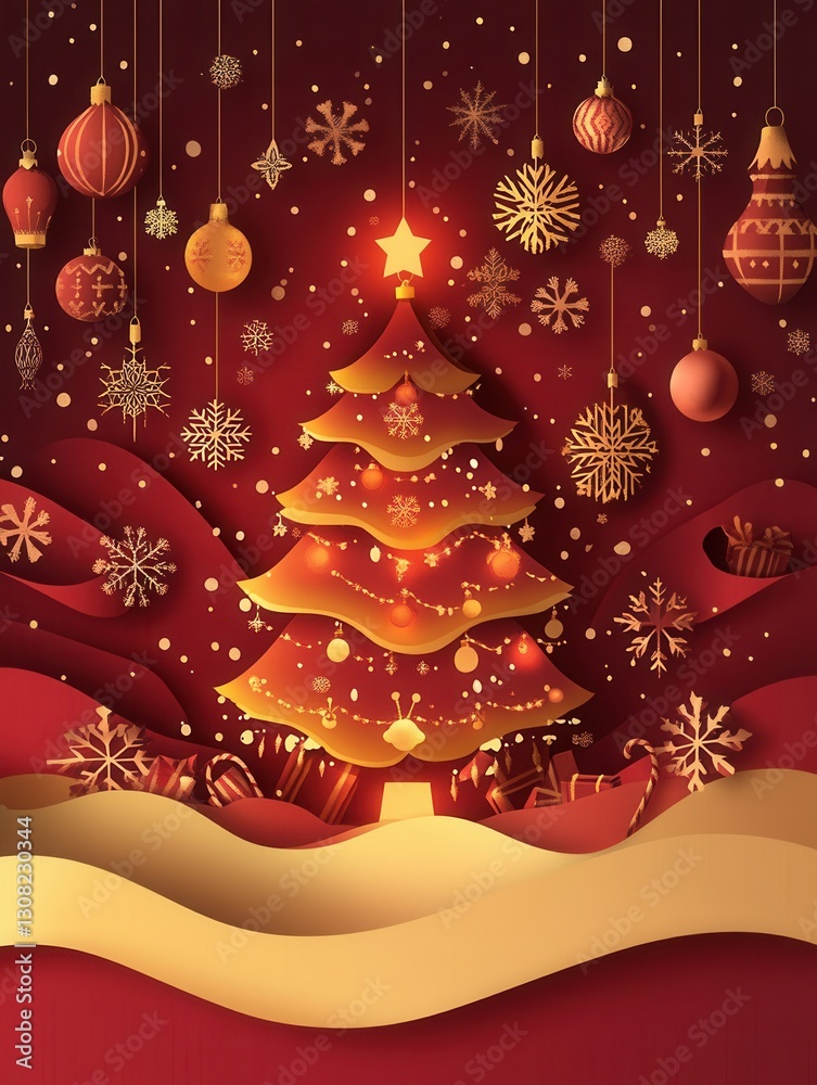 Poster Festive Christmas paper cutout with glowing tree and colorful ornaments creating a warm holiday atmosphere Generative AI