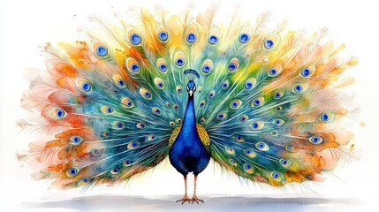 Watercolor Peacock With Fanned Tail Displaying Vibrant Colors