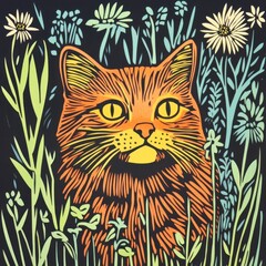 Orange tabby cat surrounded by wildflowers and foliage.