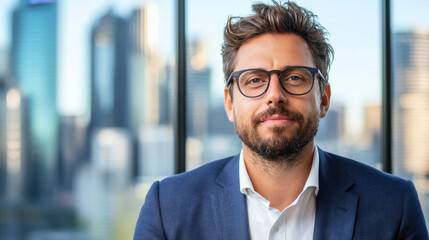 Obraz premium Aussie entrepreneurs businessman. Professional man with glasses in an urban office setting.