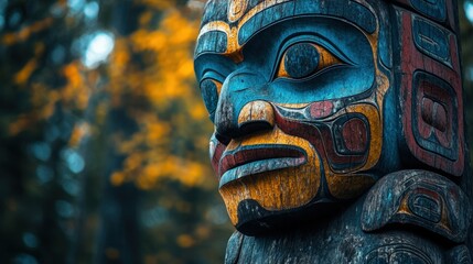 A mesmerizing close-up of an intricately carved blue and yellow wooden masterpiece atop a towering pole, showcasing vibrant colors and captivating patterns in exquisite detail