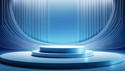 Futuristic blue podium with modern lighting and abstract architecture. A sleek, elegant stage for product displays, branding, and high-tech presentations in a minimalistic, futuristic setting.