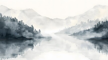 Tranquil watercolor landscape with misty mountains and a serene lake, evoking a sense of peace and solitude, nature theme background