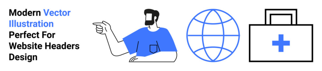 Man pointing, symbolizing guidance, next to a globe and medical briefcase. Ideal for health awareness, education, global outreach, healthcare services, consultations, medical support flat landing