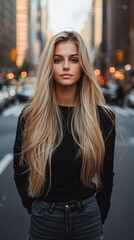 Fototapeta premium Urban Elegance: A portrait of a stunning young woman standing confidently in the middle of a city street.