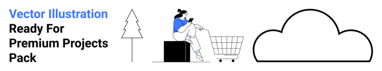 Woman seated on a block using a mobile phone, shopping cart nearby, abstract tree and cloud in design. Ideal for e-commerce, online shopping, digital marketing, sustainability, cloud storage, mobile