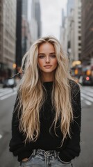 Fototapeta premium Urban Elegance: A portrait of a beautiful woman with long flowing blonde hair, standing confidently in the middle of a bustling city street, capturing a moment of urban sophistication.