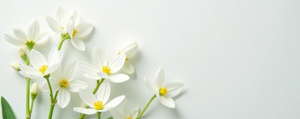 Fototapeta premium Close-up of delicate white flowers contrasted against a pure white backdrop, feminine, isolated, purity