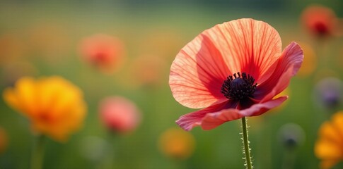 Obraz premium Close-up of delicate poppy in a mix of wild flowers, bloom, nature, botany