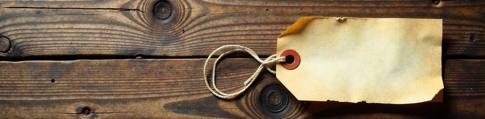 Creamy paper tag hangs from rustic wooden table edge, announcement, hanging sign, decor