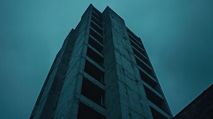 Obraz premium Unfinished concrete skyscraper at dusk, city background; construction site