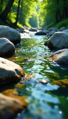Crystal clear stream bed, smooth river stones, sunlight, texture, macro, river