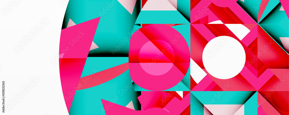 Poster Abstract geometric composition with interlocking circular and angular shapes, featuring smooth gradients and sharp contrasts on a white background