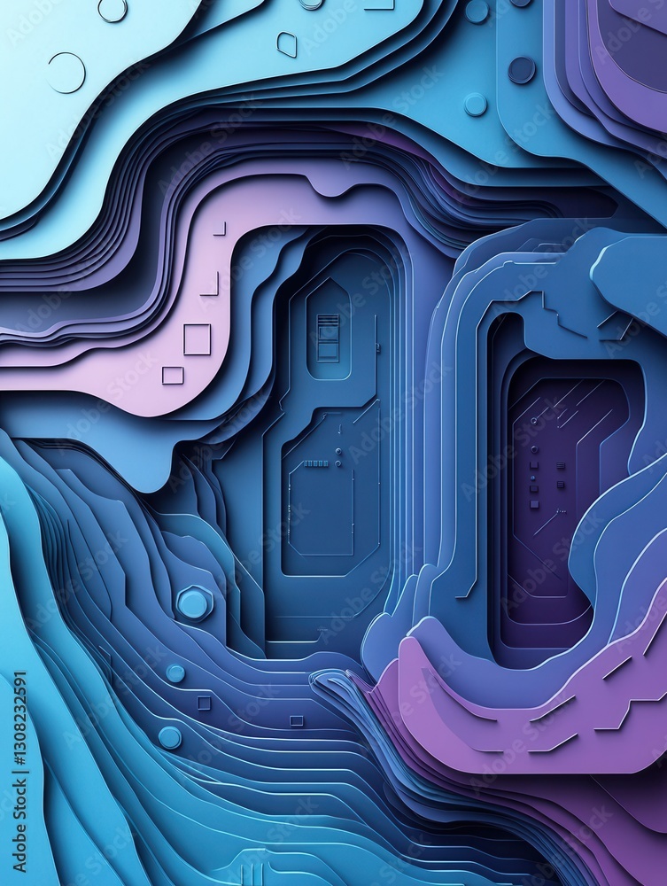 Poster Futuristic paper art design featuring abstract cut outs of digital circuits in cool tones Generative AI
