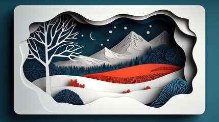 Obraz premium Intricate Paper Cut Landscape Featuring Majestic Mountains and Trees