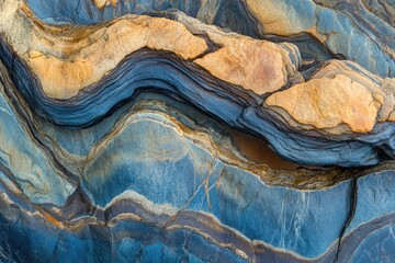Naklejka premium Beautiful layered rock formations exhibit vibrant blue and orange hues, showcasing nature's artistry. Ideal for backgrounds, educational materials, and art projects.