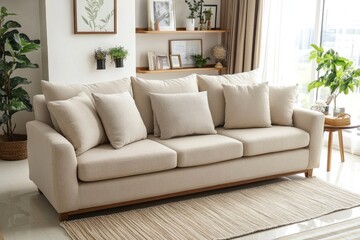 Fototapeta premium Light beige sofa with wooden legs in a modern living room with plants and art.