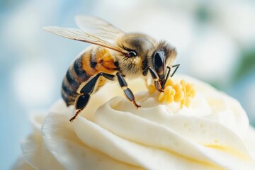 A close-up of a honey bee collecting pollen from a delicate white flower, capturing the beauty of nature with intricate details of both the bee and the flower.