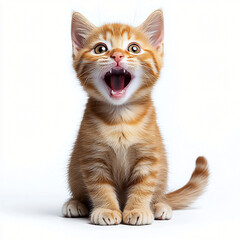 Fototapeta premium A playful ginger tabby kitten with expressive wide eyes and a joyful demeanor, perfect for pet-related products, greeting cards, or social media content celebrating cuteness.