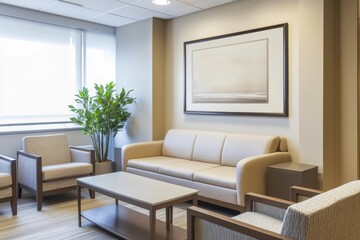 Fototapeta premium This modern waiting area features a beige sofa, two armchairs, and a coffee table, all bathed in natural light. A decorative plant adds greenery for an inviting touch.