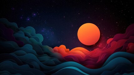 Vibrant Orange Sun Setting Over Deep Blue Ocean Creating Tranquil Scene