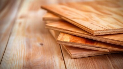 Fototapeta premium Several smooth wooden boards are stacked neatly on a rustic table in a workshop illuminated by natural light, showcasing their grain