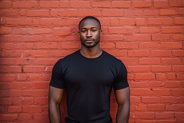 Obraz premium Confident man in a fitted black t-shirt stands before a red brick wall, showcasing a modern, stylish look ideal for fashion and lifestyle branding materials.