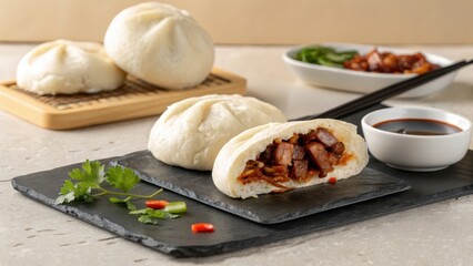 Fluffy Bao Buns Filled with Char Siu Pork on Slate with Soy Sauce and Garnish