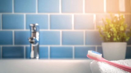 Bright bathroom features a pink toothbrush on a white towel, next to a modern faucet and a small green plant