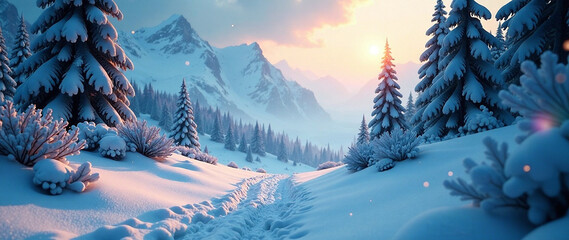 A breathtaking winter wonderland scene, surreal and otherworldly, perfect for virtual reality exploration and rejuvenation.  Deep focus, moody lighting, and a sense of mystery.  High-quality, detailed