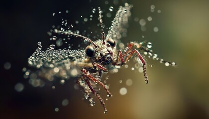 Intricate details of a floating aquatic insect with water droplets on its limbs in high contrast