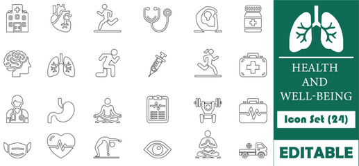 This Health and Well-being icon set features 24 scalable vector icons, perfect for web, UI,UX, and print design. Clean, modern, and fully editable for versatile use.