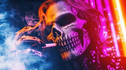 A brightly colored skull with a cigarette in hand surrounded by vibrant neon lights and swirling smoke, evoking a nightlife atmosphere