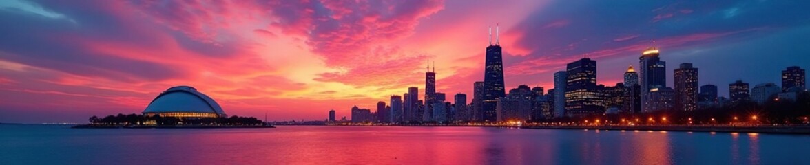 Obraz premium Chicago skyline sunset, Lake Michigan view, Adler Planetarium , cloud, sky, view