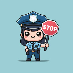 Cute cartoon policewoman holding a stop sign. Adorable law enforcement character in a kawaii style. Perfect for traffic control, security, police department, and public safety designs