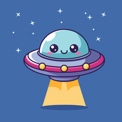 Cute UFO Flying In Space Cartoon Vector Icon Illustration. Science Technology Icon Concept Isolated Premium Vector. Flat Cartoon Style