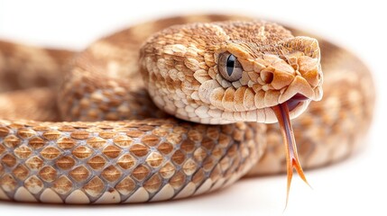 Obraz premium A mesmerizing close-up of a brown snake’s head, its sleek body arcing gracefully to the right. The head is subtly tilted left, showcasing intricate patterns on its scales