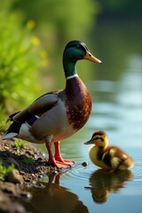 A mallard hen and her fluffy ducklings by the water's edge , orange, avian, down